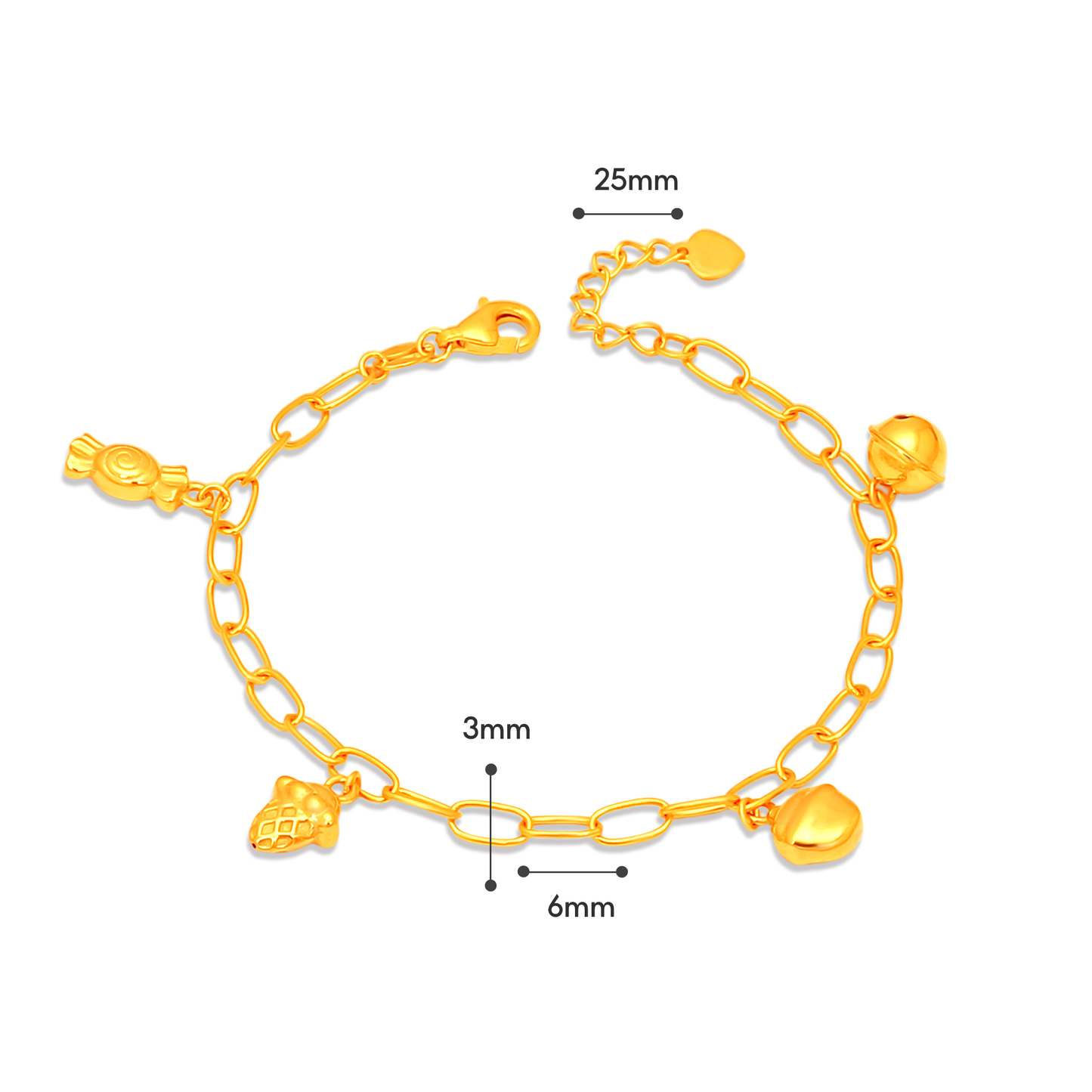 TAKA Jewellery 916 Gold Baby Bracelet with Candy, Cone, Ice-Cream and Bell