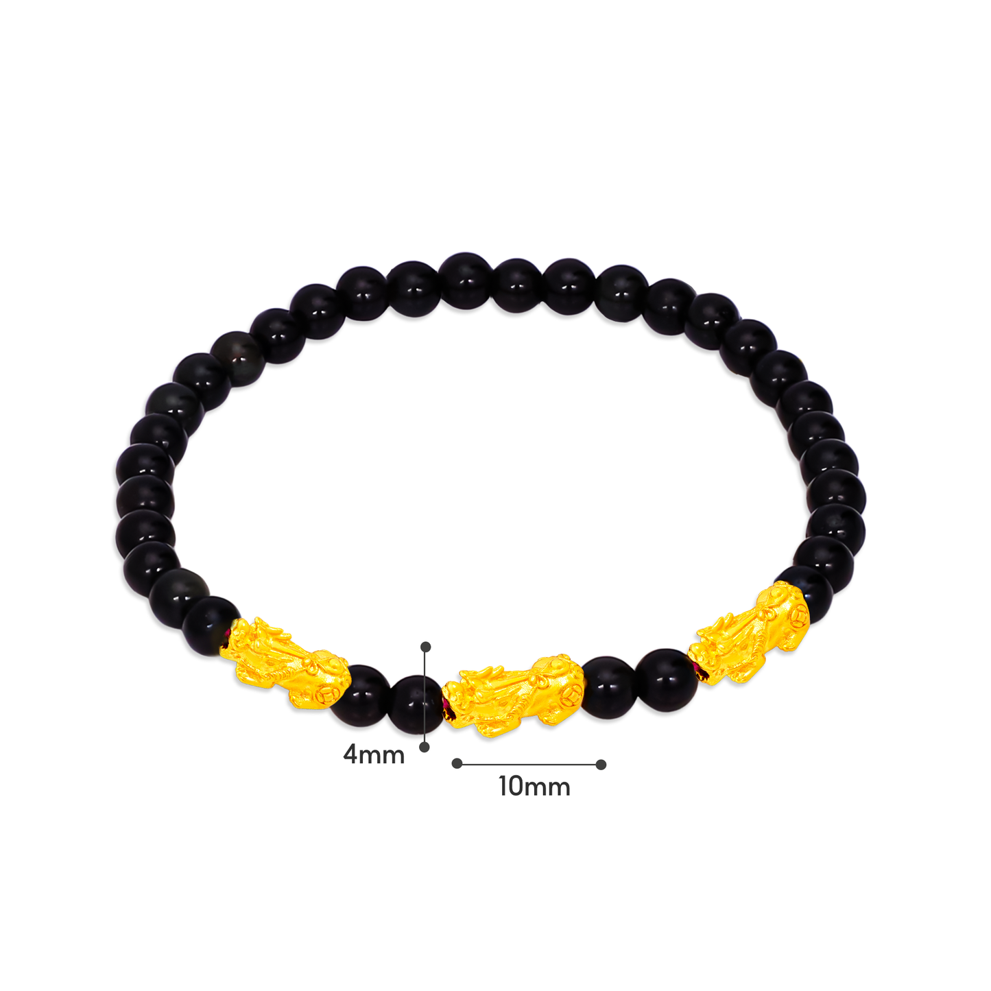 TAKA Jewellery 999 Pure Gold Mini Triple Pixiu 4mm Beads Bracelet