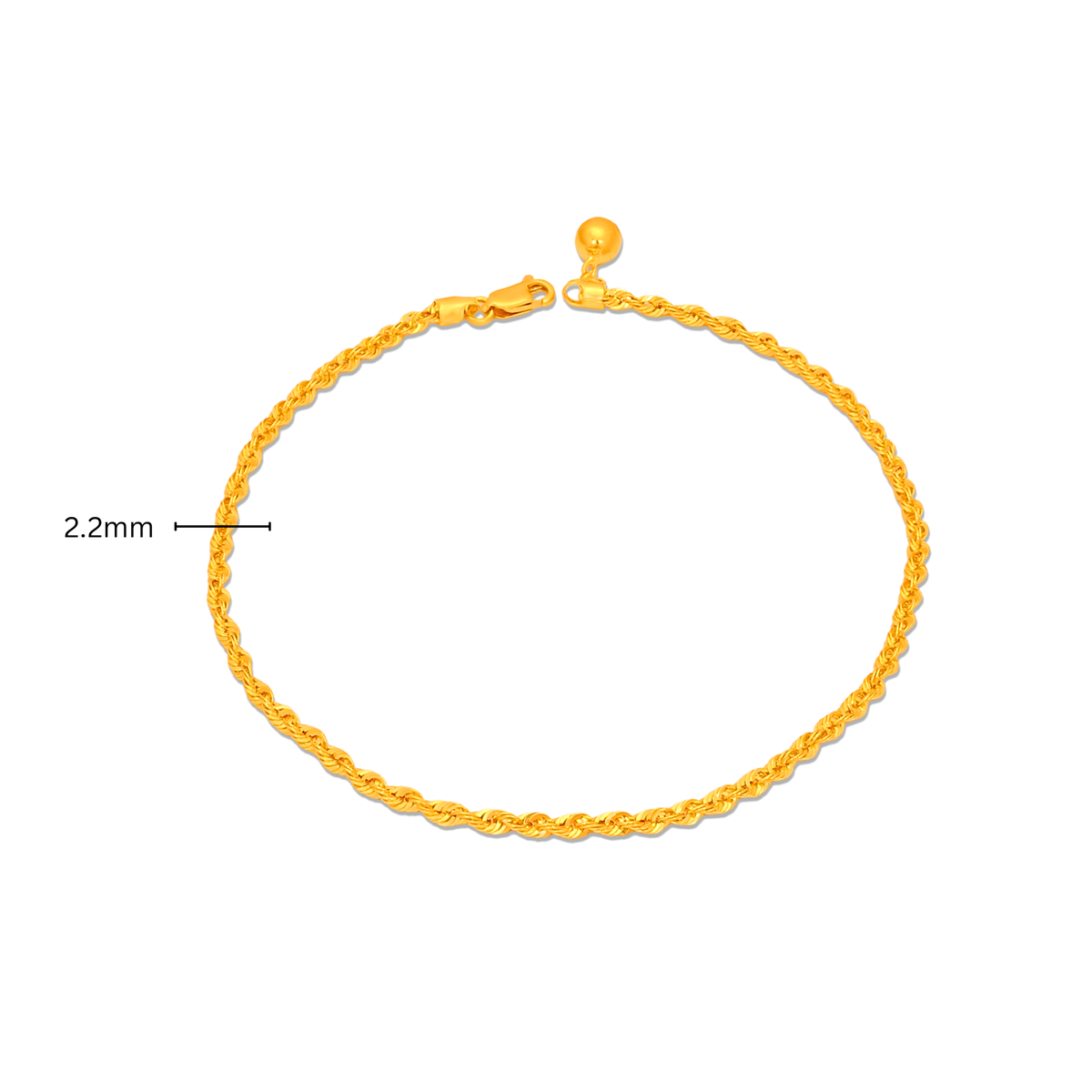 TAKA Jewellery 916 Gold Solid Rope Anklet with Bell - 2.2mm
