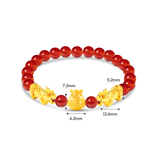TAKA Jewellery 999 Pure Gold Double Pixiu with Fortune Bag Beads Bracelet