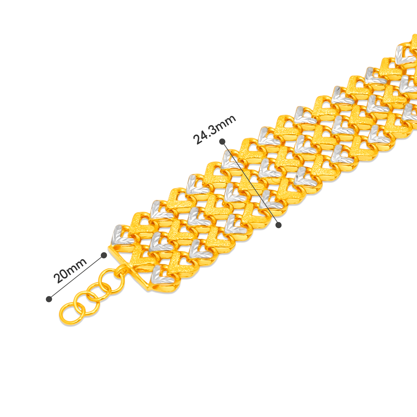 TAKA Jewellery 2-Tone 3-Rows Gold Heart Link 916 Gold Bracelet