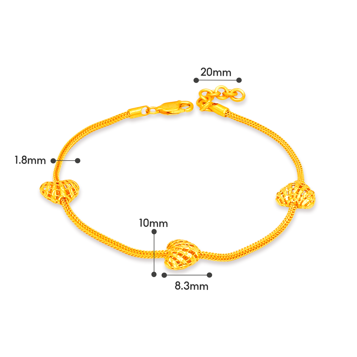 TAKA Jewellery Triple Heart Glow 916 Gold Bracelet