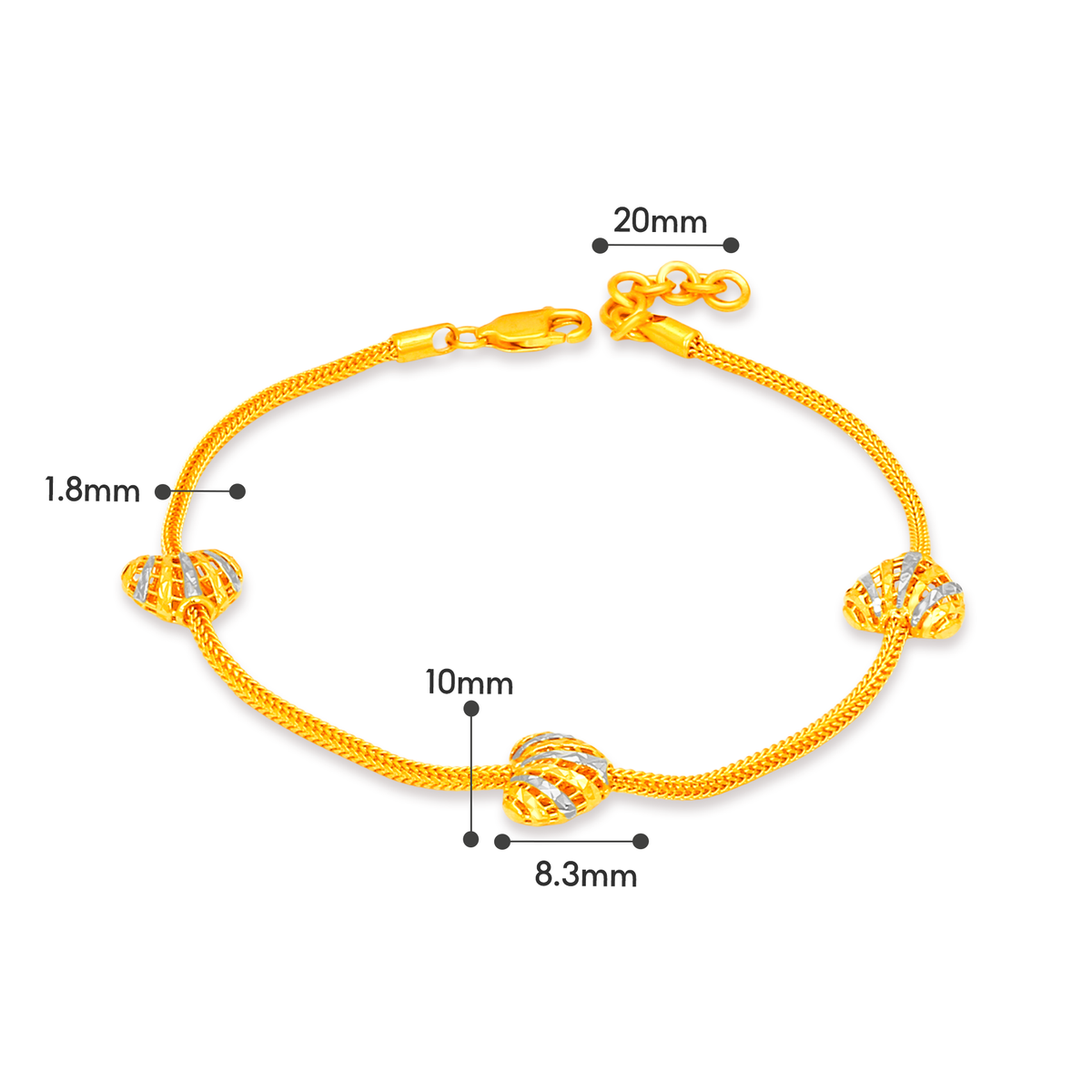 TAKA Jewellery 2-Tone Triple Heart Glow 916 Gold Bracelet