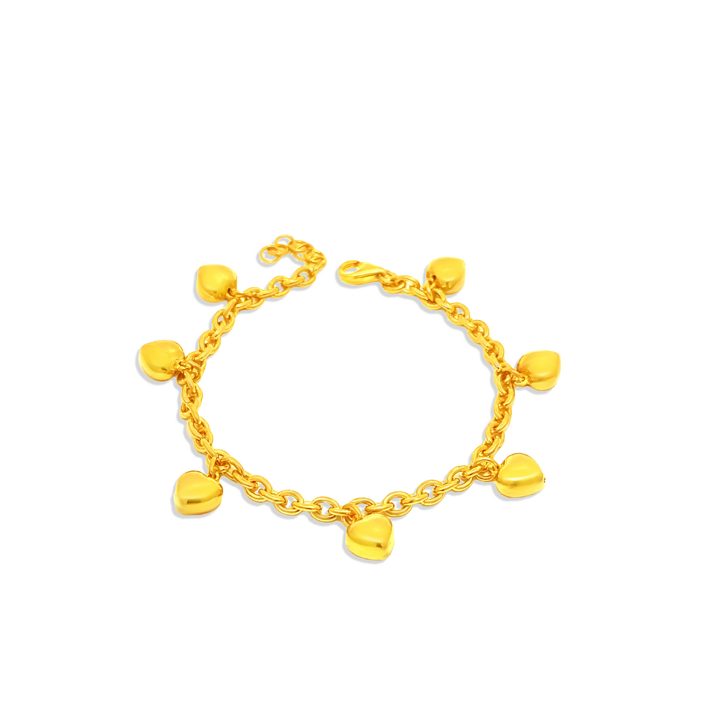 TAKA Jewellery 916 Gold Charm Bracelet Hanging Hearts