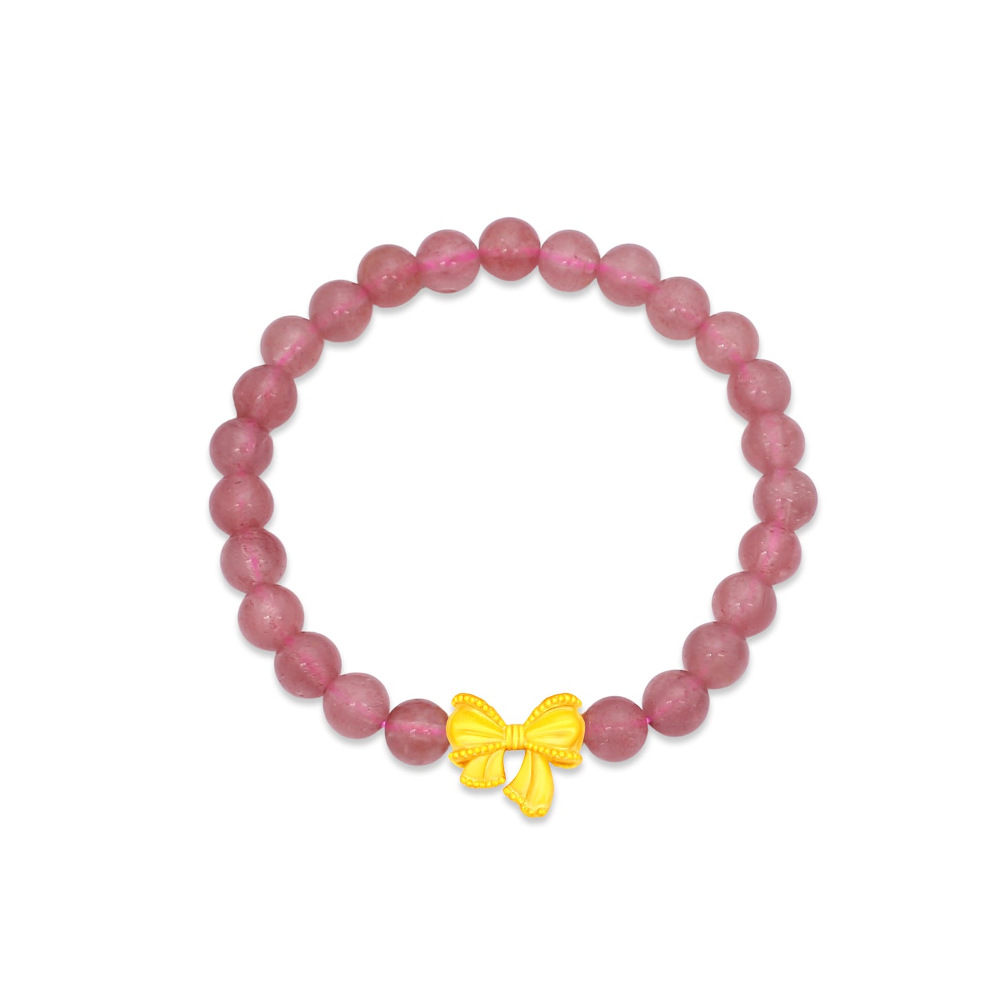 TAKA Jewellery 999 Pure Gold Ribbon Charm with Strawberry Quartz Beads Bracelet