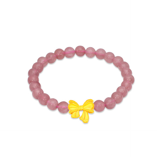 TAKA Jewellery 999 Pure Gold Ribbon Charm with Strawberry Quartz Beads Bracelet