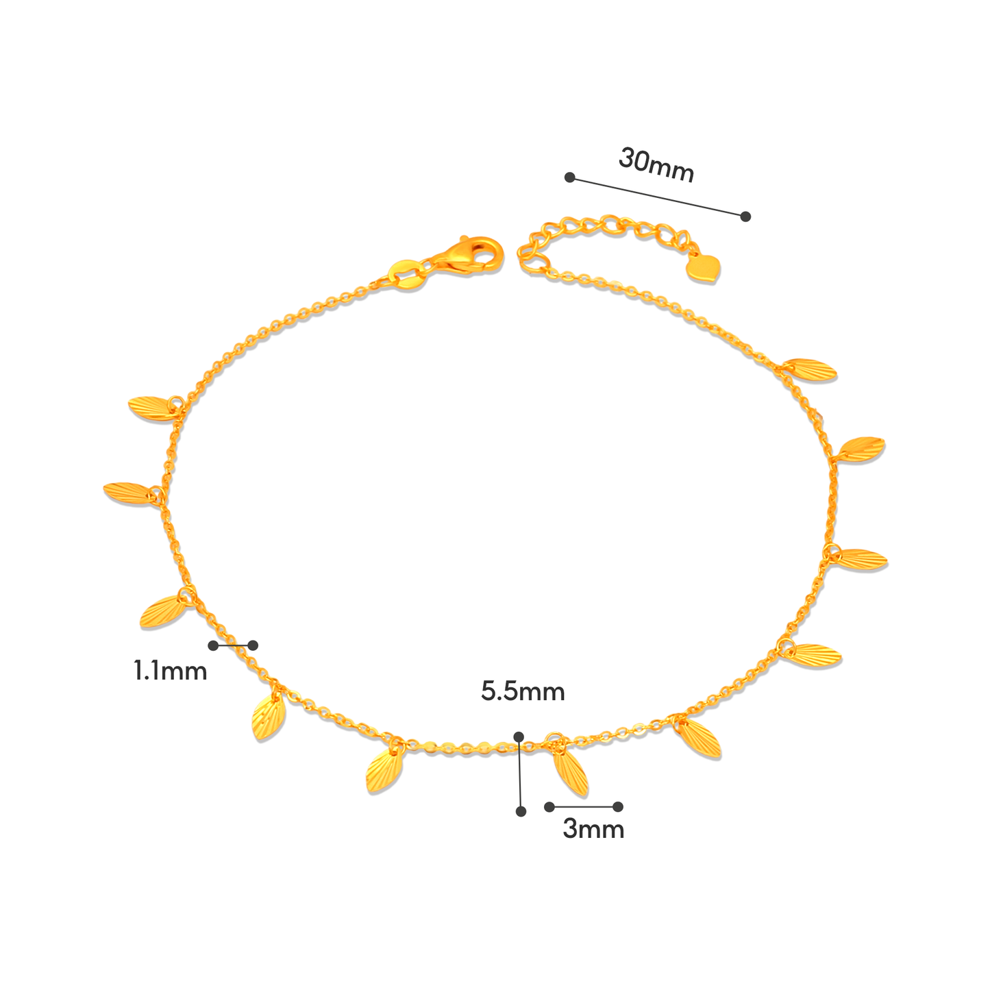 TAKA Jewellery Leaflight Charm 916 Gold Anklet