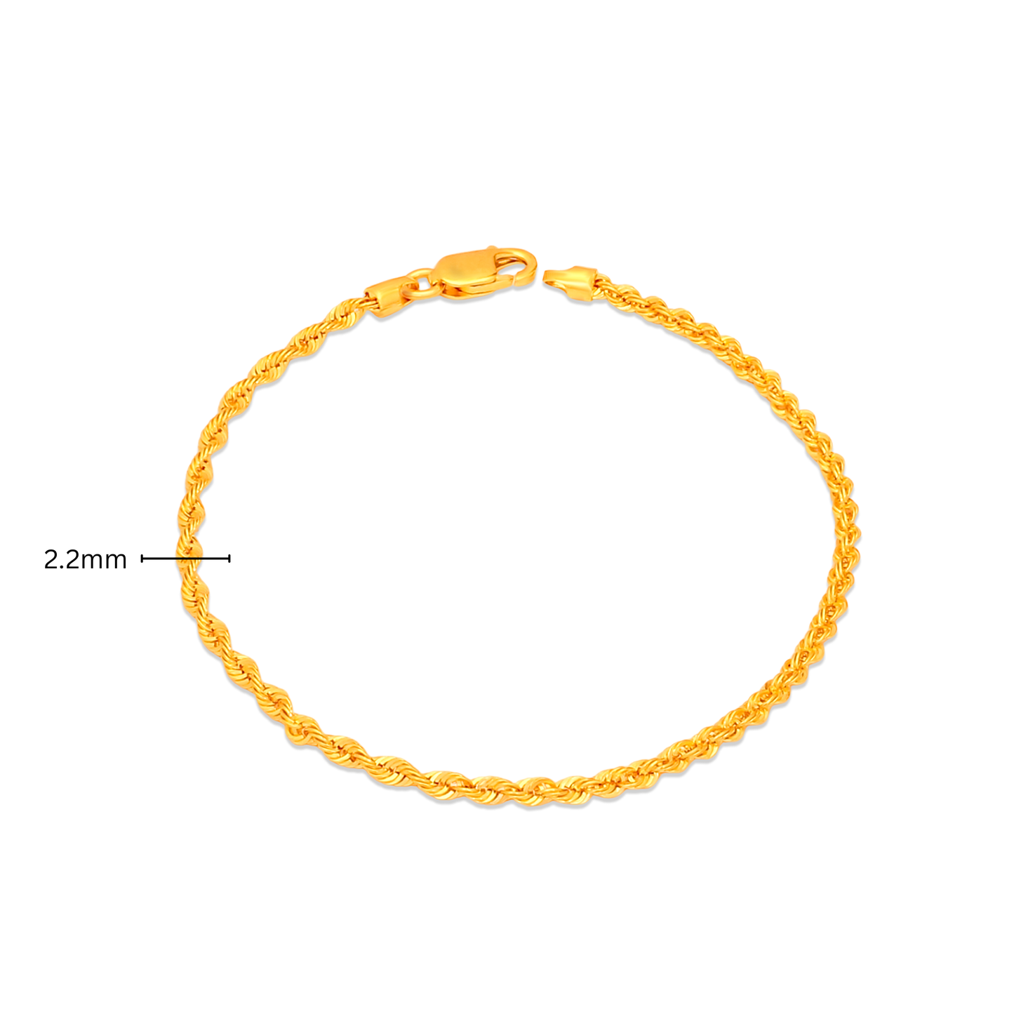 TAKA Jewellery 916 Gold Solid Rope Bracelet - 2.2mm