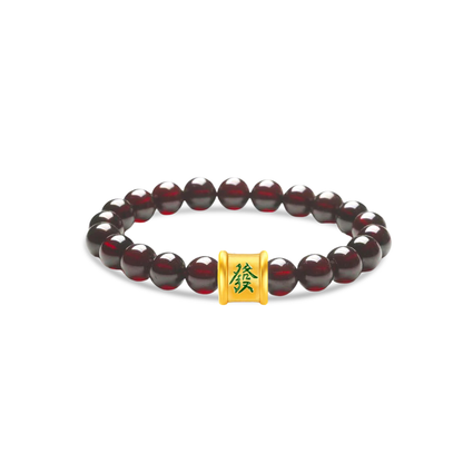 TAKA Jewellery 999 Pure Gold Mahjong Barrel Charm with 6mm Beads Bracelet / Cord Bracelet