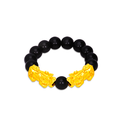 TAKA Jewellery 999 Pure Gold Double Pixiu with 4mm Beads Ring