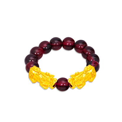 TAKA Jewellery 999 Pure Gold Double Pixiu with 4mm Beads Ring