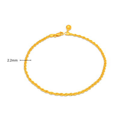 TAKA Jewellery 916 Gold Solid Rope Anklet with Bell - 2.2mm
