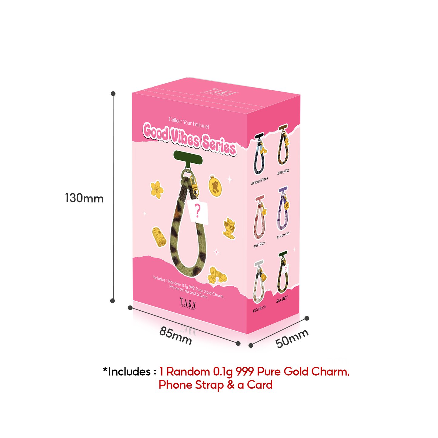 TAKA Jewellery 999 Pure Gold “Good Vibes” Blind Box Series | 0.1gm Gold Charm with Phone Strap