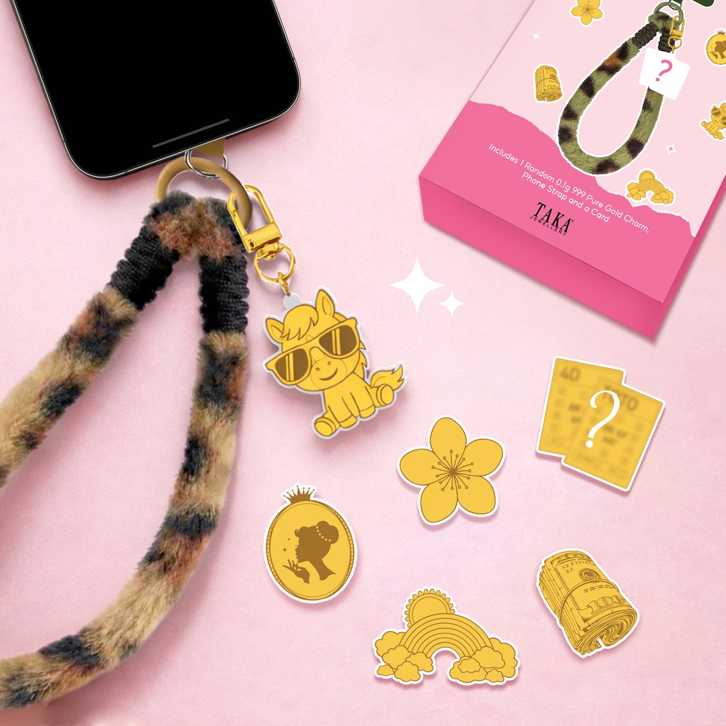 TAKA Jewellery 999 Pure Gold “Good Vibes” Blind Box Series | 0.1gm Gold Charm with Phone Strap