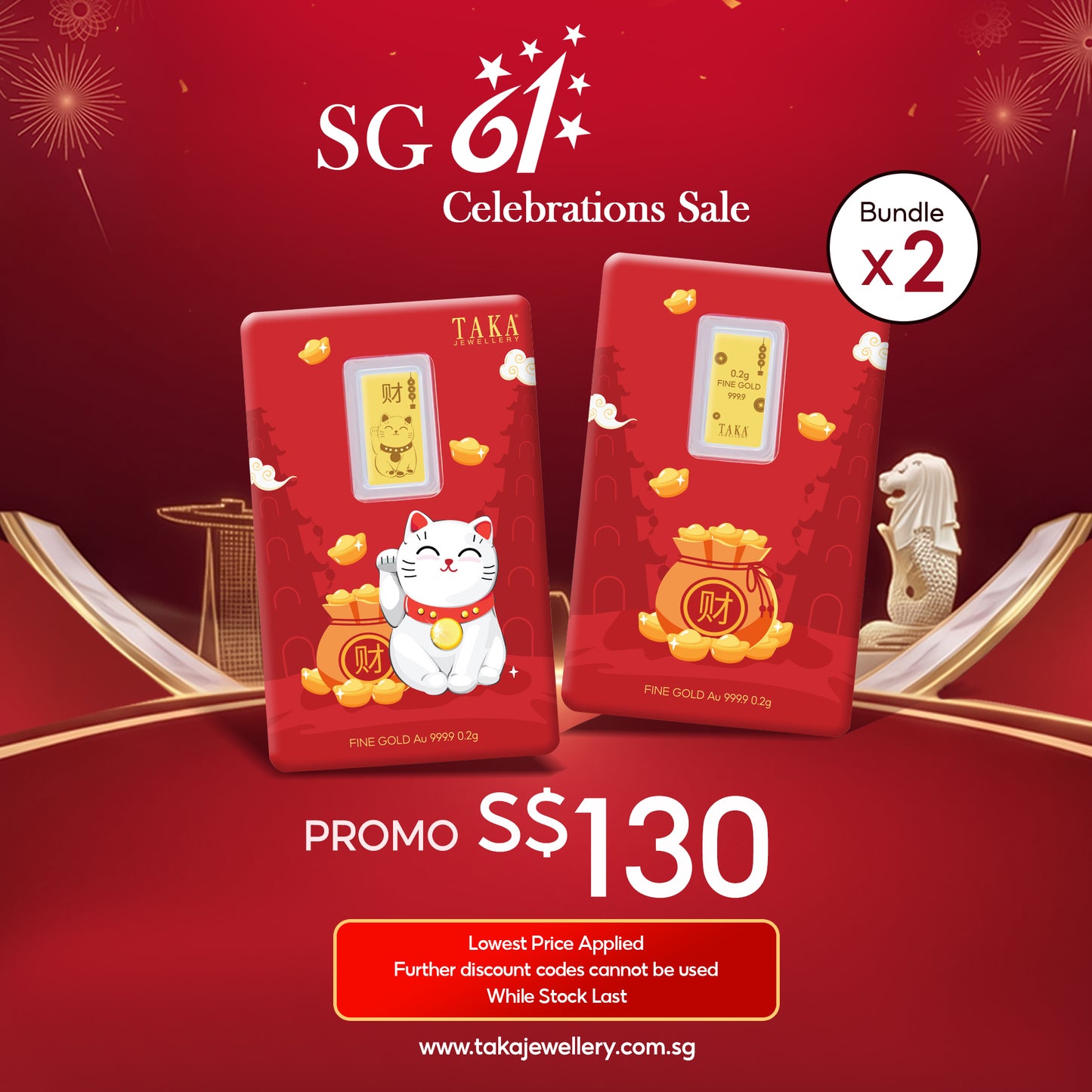 [PROMO] TAKA Jewellery 999.9 Pure Gold Fortune Cat Card 0.2g (Bundle of 2)