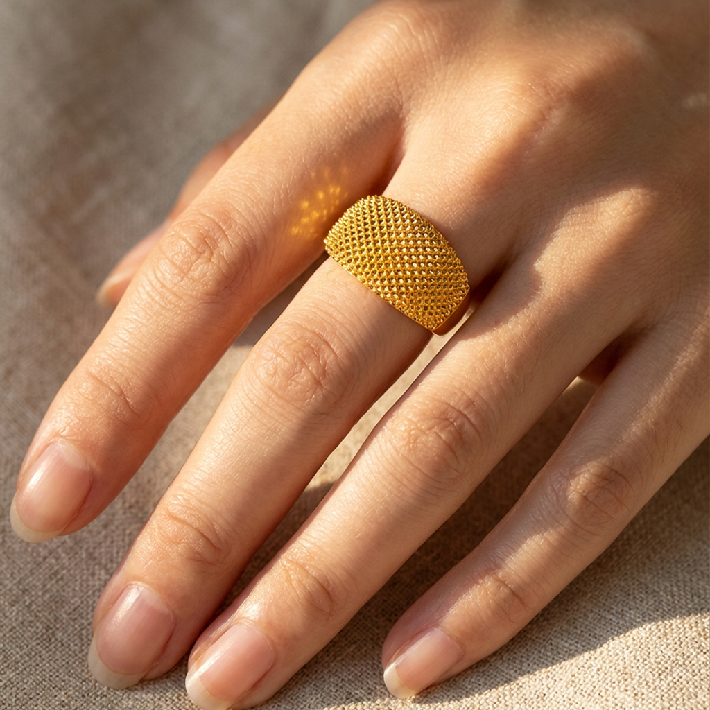 TAKA Jewellery Textured Wide Band  916 Gold Ring - Lightweight Hollow