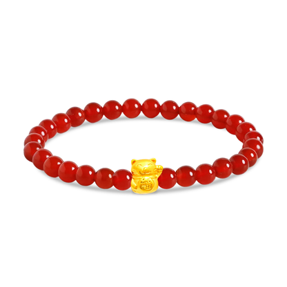 TAKA Jewellery 999 Pure Gold Fortune Cat Charm with 4mm Beads Bracelet