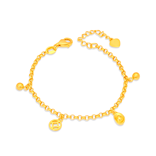 TAKA Jewellery 916 Gold Baby Bracelet with Hanging Ingot and Gold Coin