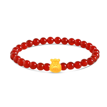 TAKA Jewellery 999 Pure Gold Mini Fu Dai with 4mm Beads Bracelet