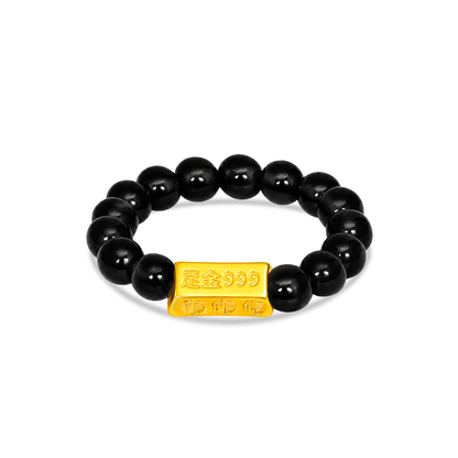 TAKA Jewellery 999 Pure Gold Ingot Charm with Beads Ring / Bracelet