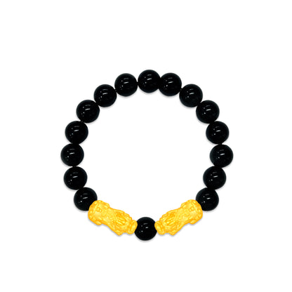 TAKA Jewellery 999 Pure Gold Double Pixiu with 10mm Beads Bracelet
