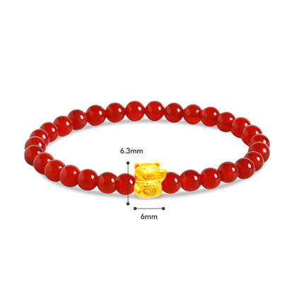 TAKA Jewellery 999 Pure Gold Fortune Cat Charm with 4mm Beads Bracelet