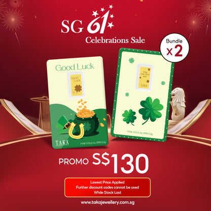 [PROMO] TAKA Jewellery 999.9 Pure Gold Clover Card 0.2g (Bundle of 2)