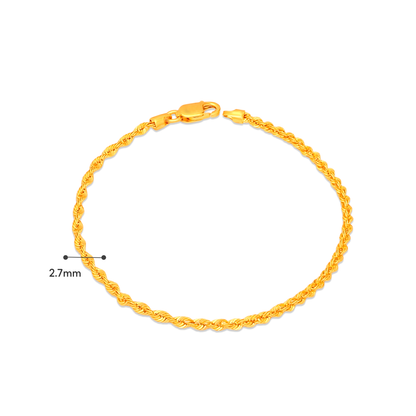 TAKA Jewellery 916 Gold Solid Rope Bracelet - 2.7mm