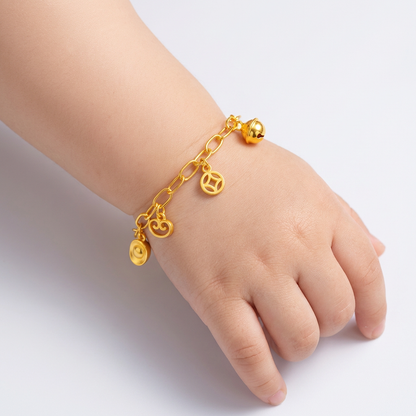 TAKA Jewellery 916 Gold Baby Charms Bracelet with Ingot, Ruyi, Coin and Bell