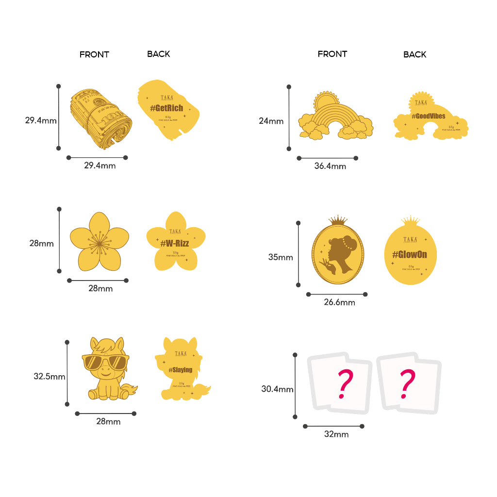 TAKA Jewellery 999 Pure Gold “Good Vibes” Blind Box Series | 0.1gm Gold Charm with Phone Strap