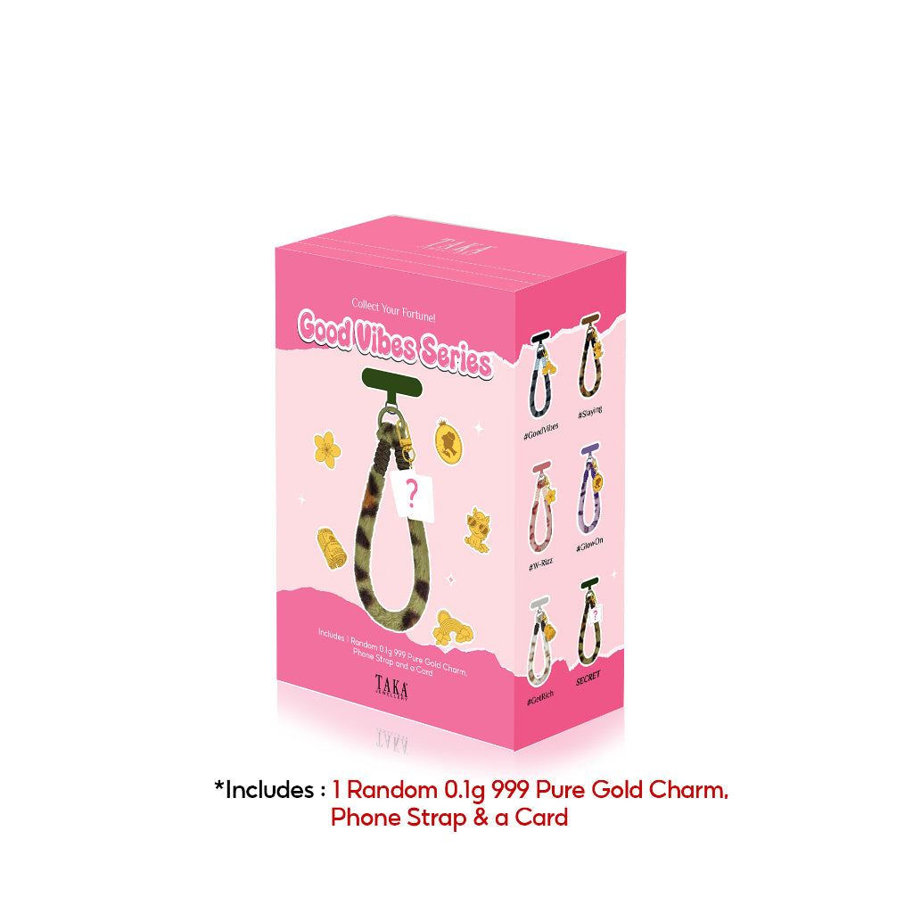 TAKA Jewellery 999 Pure Gold “Good Vibes” Blind Box Series | 0.1gm Gold Charm with Phone Strap
