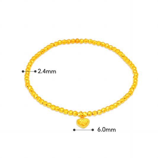 TAKA Jewellery Radiant Facet Bead Heart Charm Stretch Elastic 916 Gold Bracelet