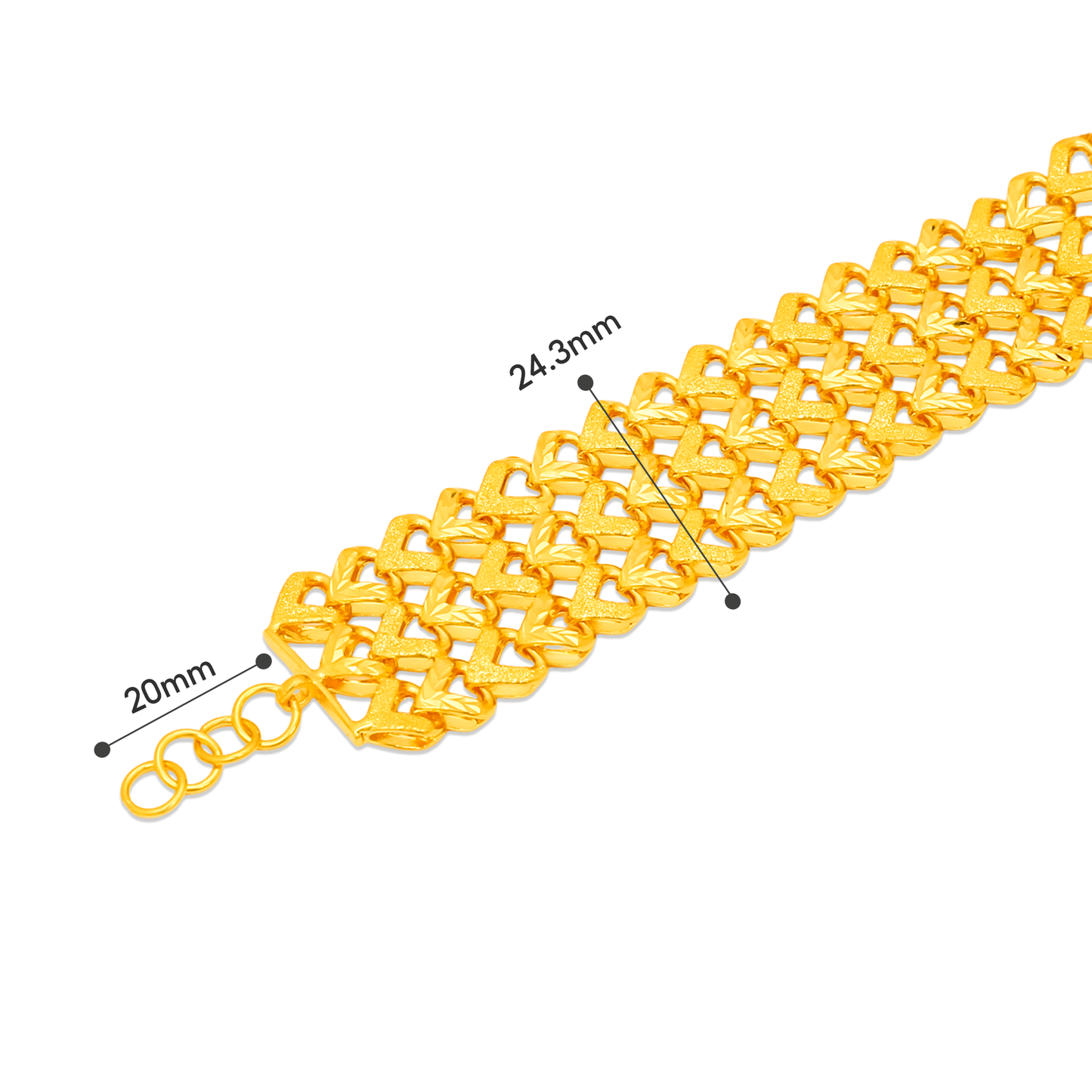 TAKA Jewellery 3-Rows Gold Heart Link 916 Gold Bracelet