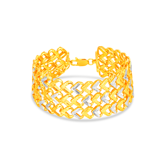 TAKA Jewellery 2-Tone 3-Rows Gold Heart Link 916 Gold Bracelet