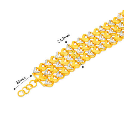 TAKA Jewellery 2-Tone 3-Rows Gold Heart Link 916 Gold Bracelet