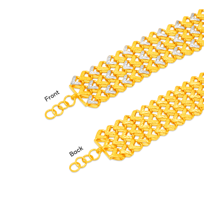 TAKA Jewellery 2-Tone 3-Rows Gold Heart Link 916 Gold Bracelet