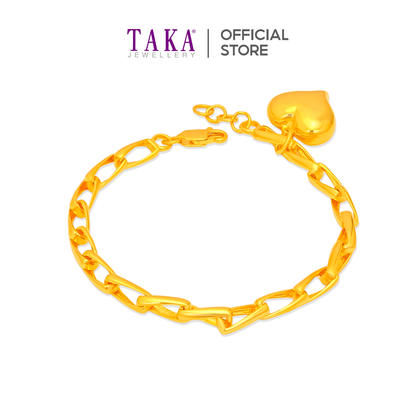 TAKA Jewellery Link with Dangling Heart Charm 916 Gold Bracelet