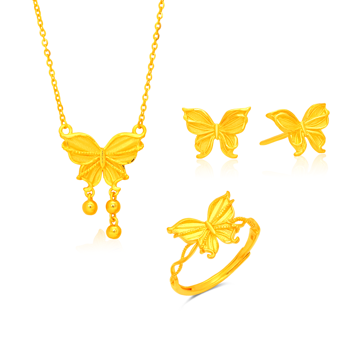 TAKA Jewellery Butterfly's Golden Dance 999 Pure Gold Matching Set - Necklace, Earrings and Ring