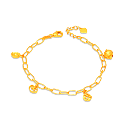 TAKA Jewellery 916 Gold Baby Charms Bracelet with Ingot, Ruyi, Coin and Bell