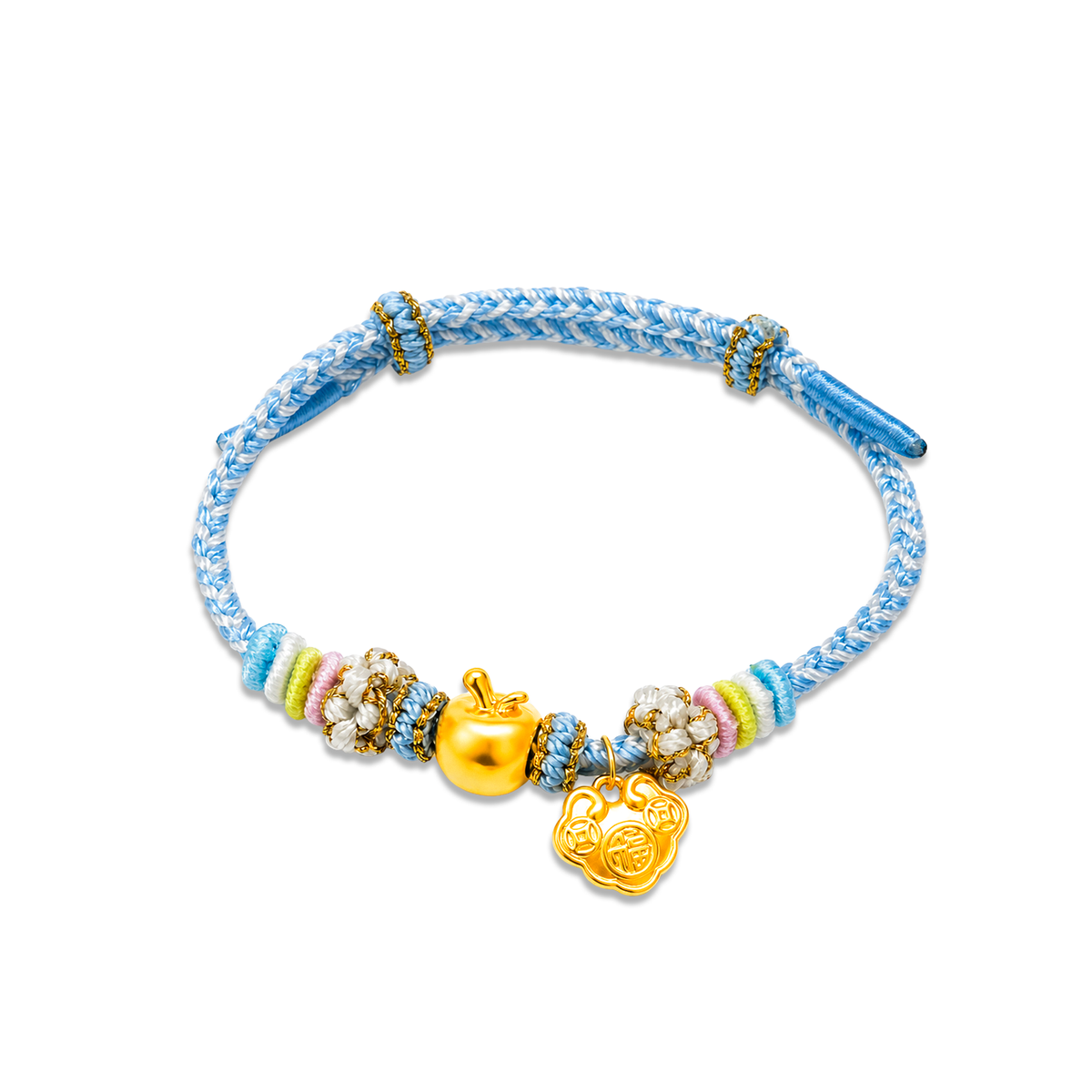 TAKA Jewellery 999 Pure Gold Apple Peace & Blessings Charms Nylon Bracelet Collection