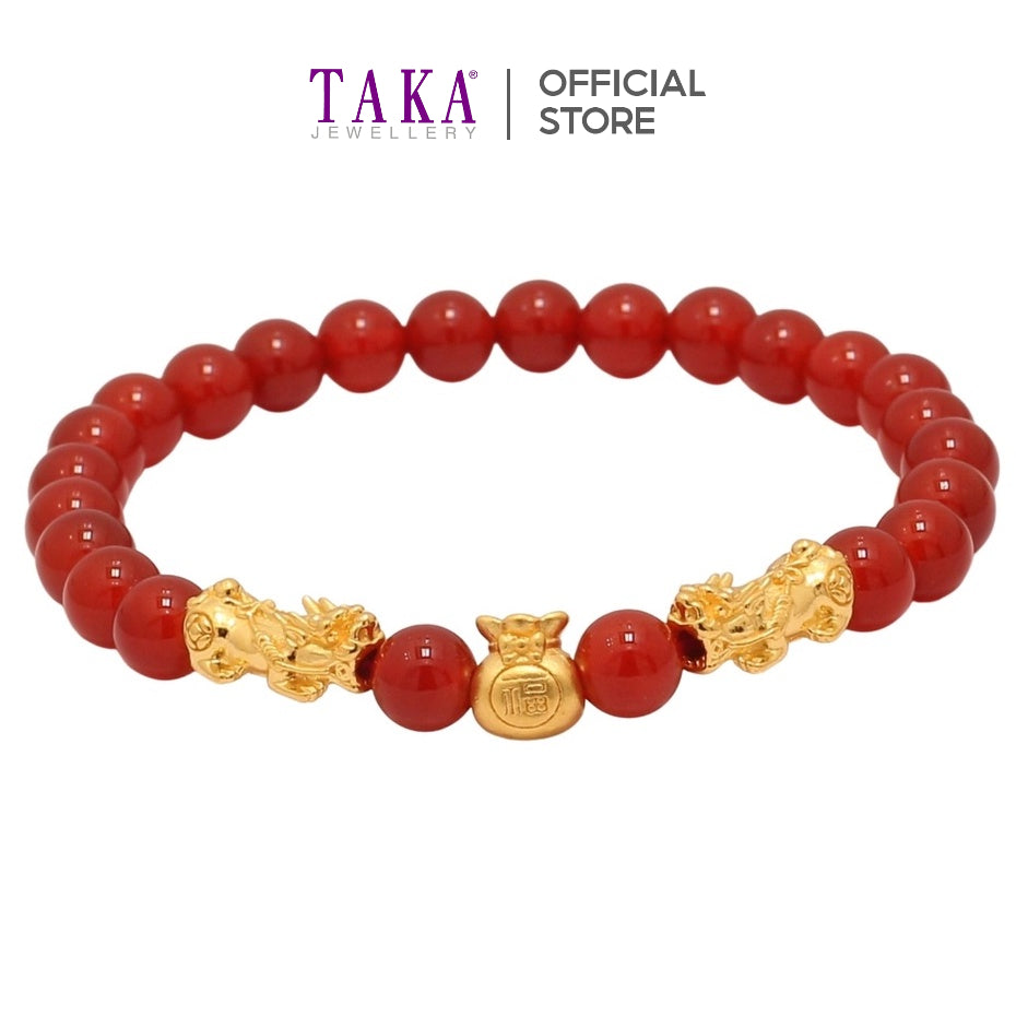 TAKA Jewellery 999 Pure Gold Double Pixus with Fudai Beads Bracelet