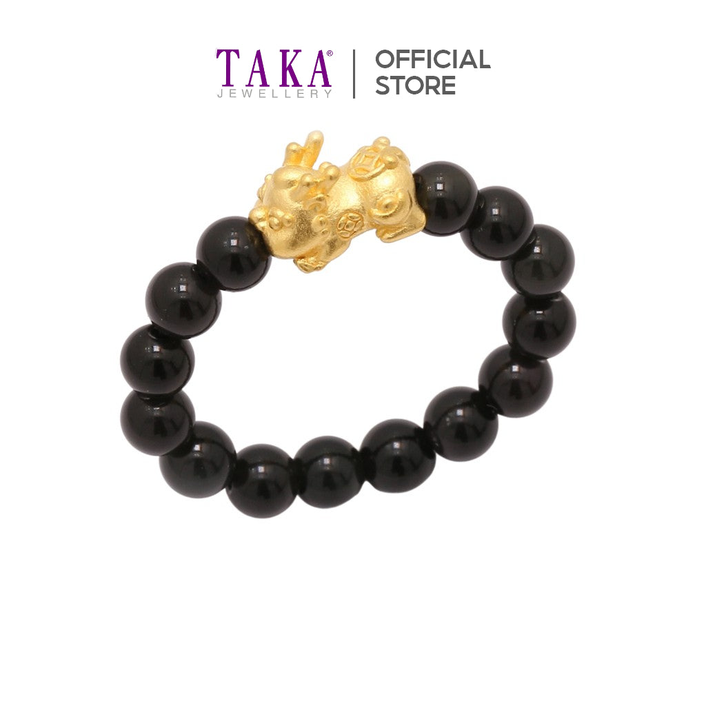 TAKA Jewellery 999 Pure Gold Mini Baby Pixiu with Beads Ring