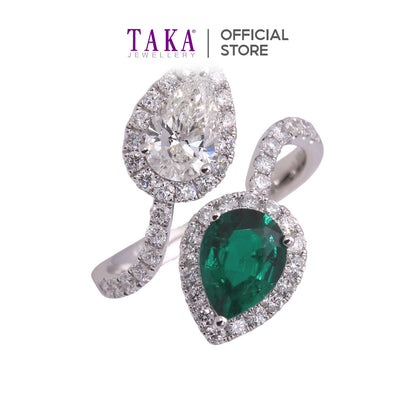 TAKA Jewellery Pear Shape Lab Grown Emerald and Diamond Ring 10K