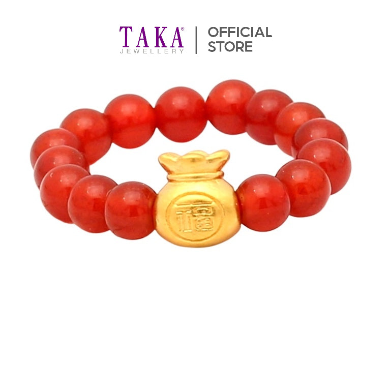 TAKA Jewellery 999 Pure Gold Mini Fu Dai with Red Agate Beads Ring