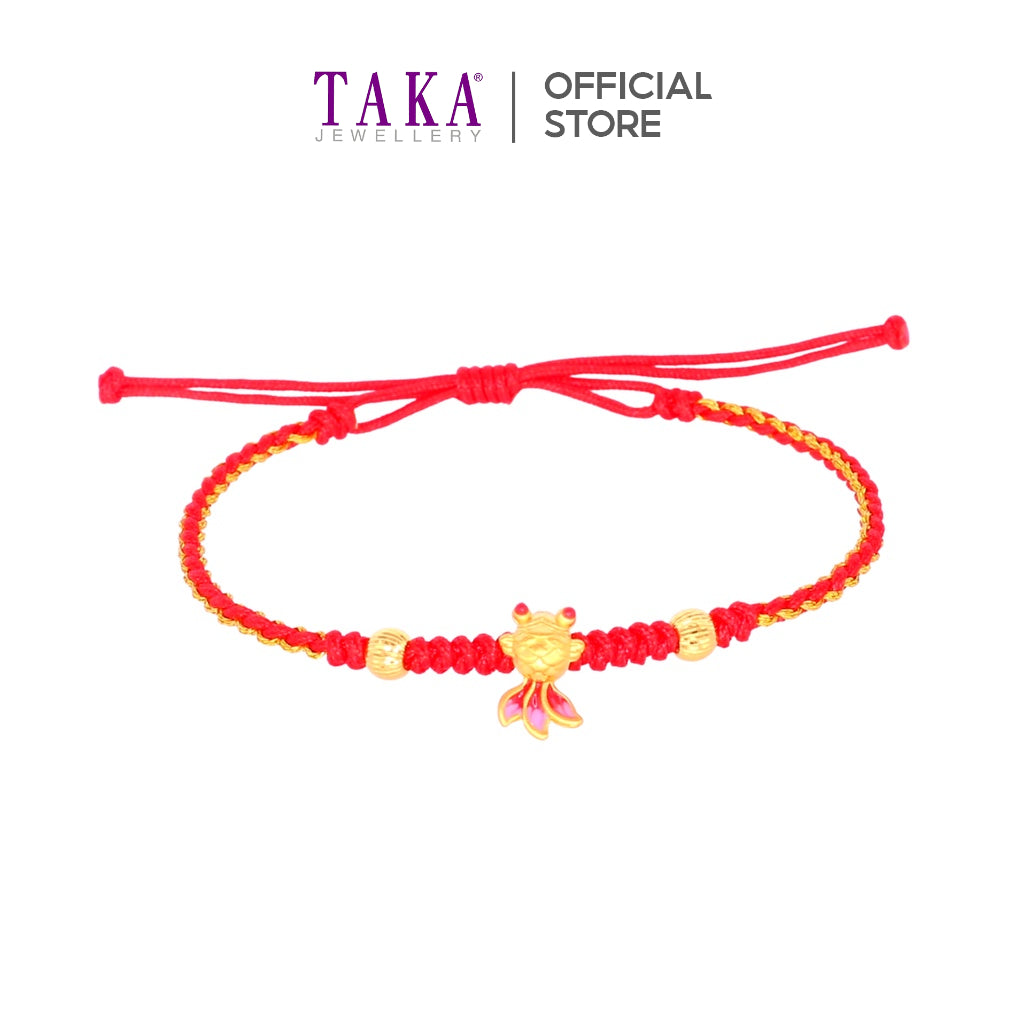 TAKA Jewellery 999 Pure Mini Gold Fish & Gold Beads Charm Nylon Bracelet