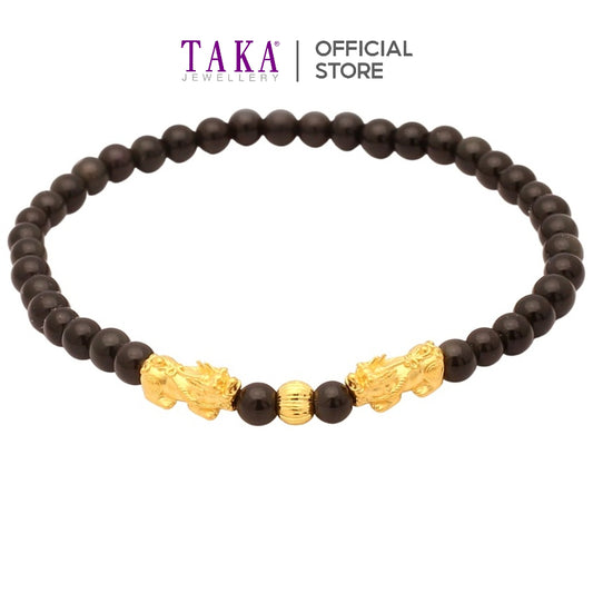 TAKA Jewellery 999 Pure Gold Ball with Double Pixiu Beads Bracelet