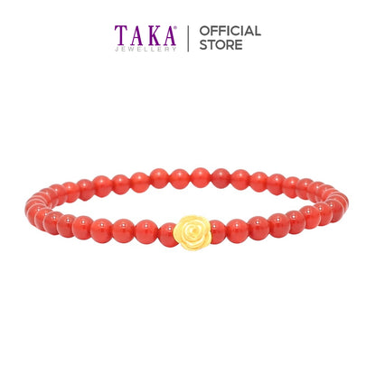 TAKA Jewellery 999 Pure Gold Rose Charm with Beads Bracelet