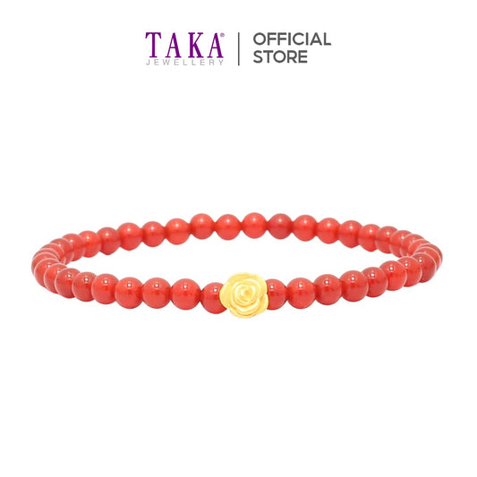 TAKA Jewellery 999 Pure Gold Rose Charm with Beads Bracelet