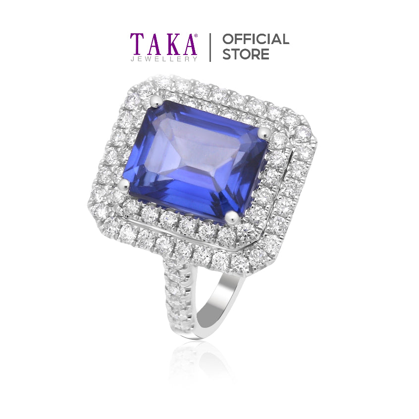 TAKA Jewellery Lab Grown Emerald Cut Blue Sapphire and Diamond Ring 10K