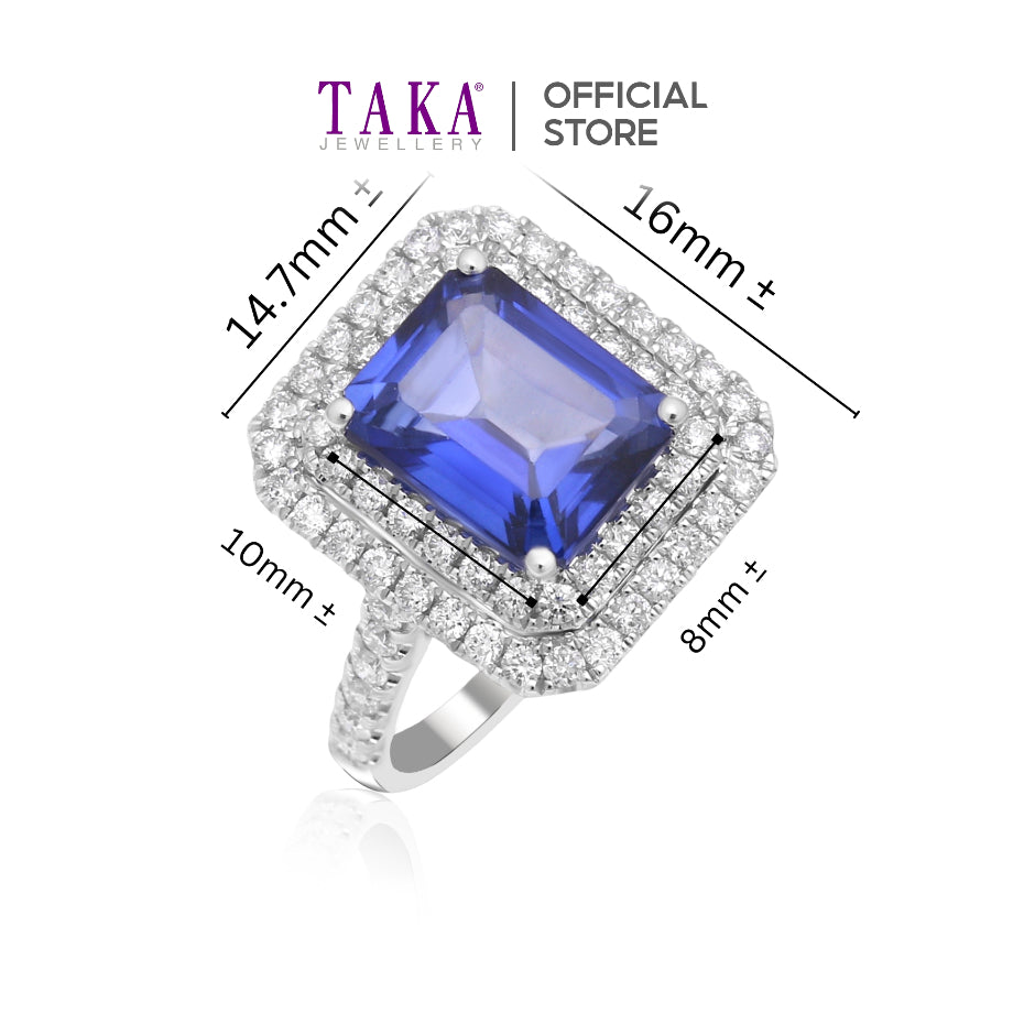 TAKA Jewellery Lab Grown Emerald Cut Blue Sapphire and Diamond Ring 10K